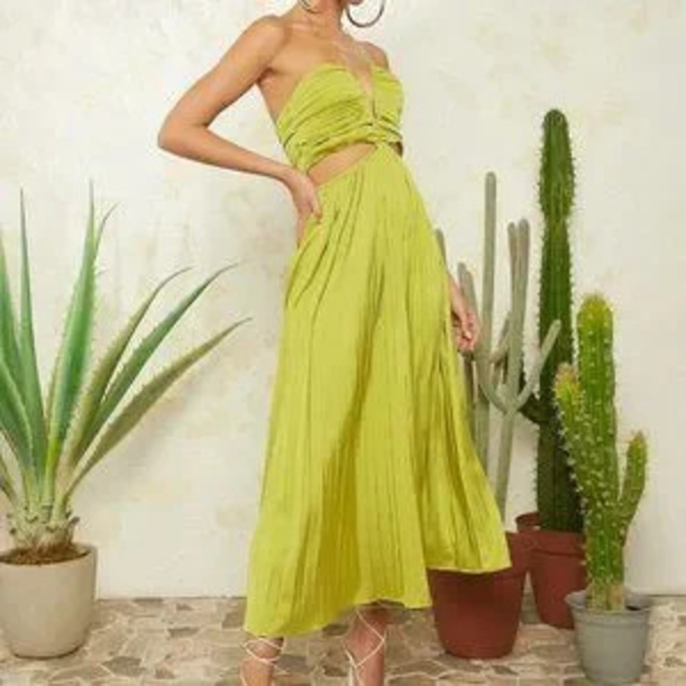 ZARA Olive Green Boho Womens Cut Out Waist Ruched Bust Tie Backless Satin Dress